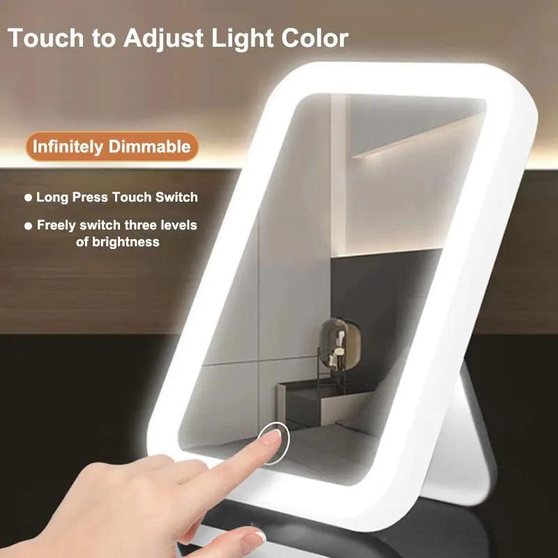 Miroir de courtoisie LED portable avec écran tactile, 3 couleurs, aste par USB, gradation, maquillag