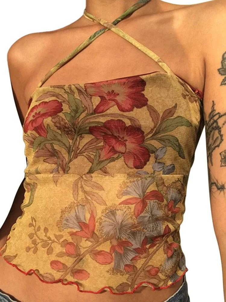 Y2K – T-shirt à fleurs transparentes en maille, Vintage, col licou, sans manches, Slim Fit, haut cou
