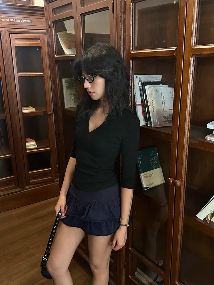 Yedinas col en v Streetwear noir T-shirt femmes vêtements demi manches mode coréenne mince été hauts