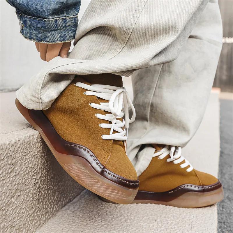 Chaussures de skateboard en cuir suédé pour hommes, baskets marron, chaussures à plateforme, chaussu