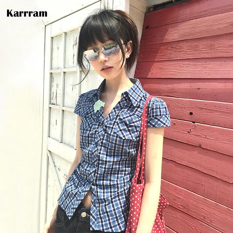 Karrram japonais Y2k chemise à carreaux Vintage Harajuku col en v Blouses mode coréenne femmes chemi