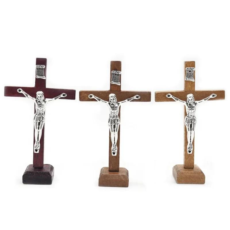 Croix de jésus catholique en bois avec support, Vintage, religieux, chrétien, Crucifix sur pied, éta