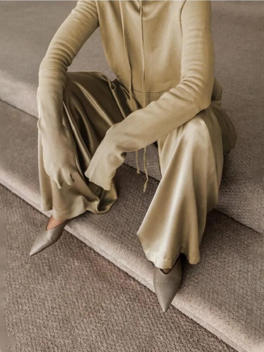 Onecozyday – pantalon taille haute à jambes larges et sweat-shirt à capuche à manches longues, coupe