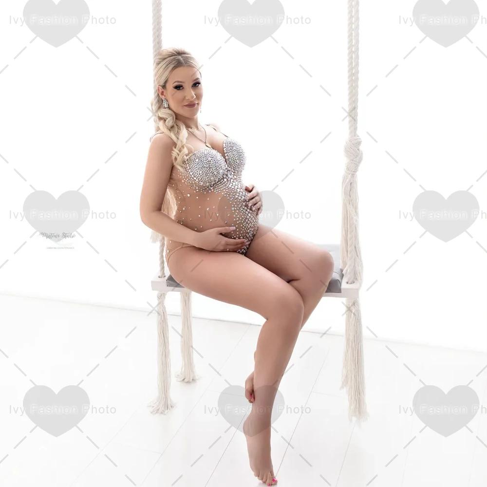 Combinaison de maternité Sexy à haute élasticité, body en tissu Spandex avec perles d'eau et diamant