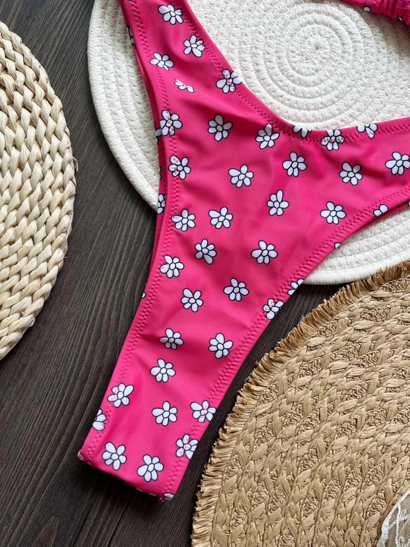 Maillot de bain deux pièces imprimé fleurs pour femme, bikini licou, coupe haute, baigneur, baigneur
