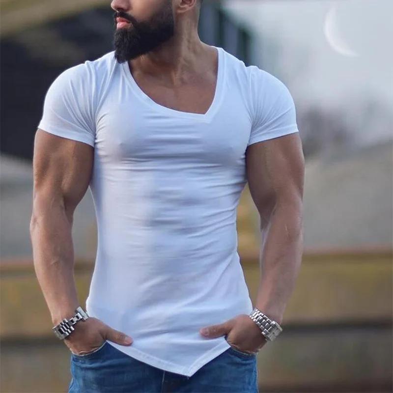 Couleur unie à manches courtes coupe ajustée col en v chemises gymnase musculation Fitness Muscle T-