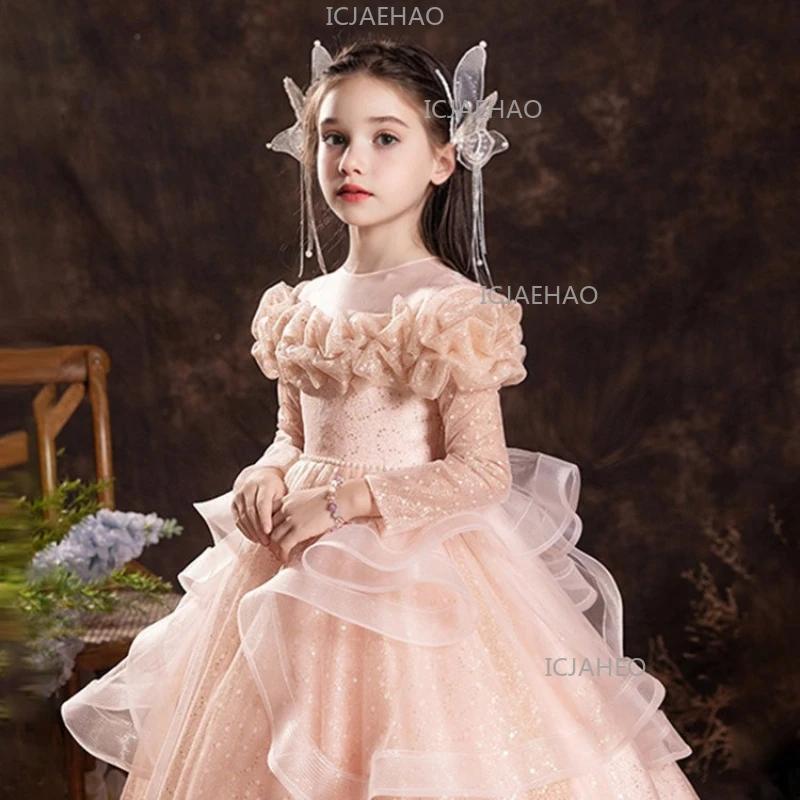 Robe de Cérémonie Fille 2026 – Robe Longue à Fleurs et Manches Longues pour Enfants, Idéale pour Hôt