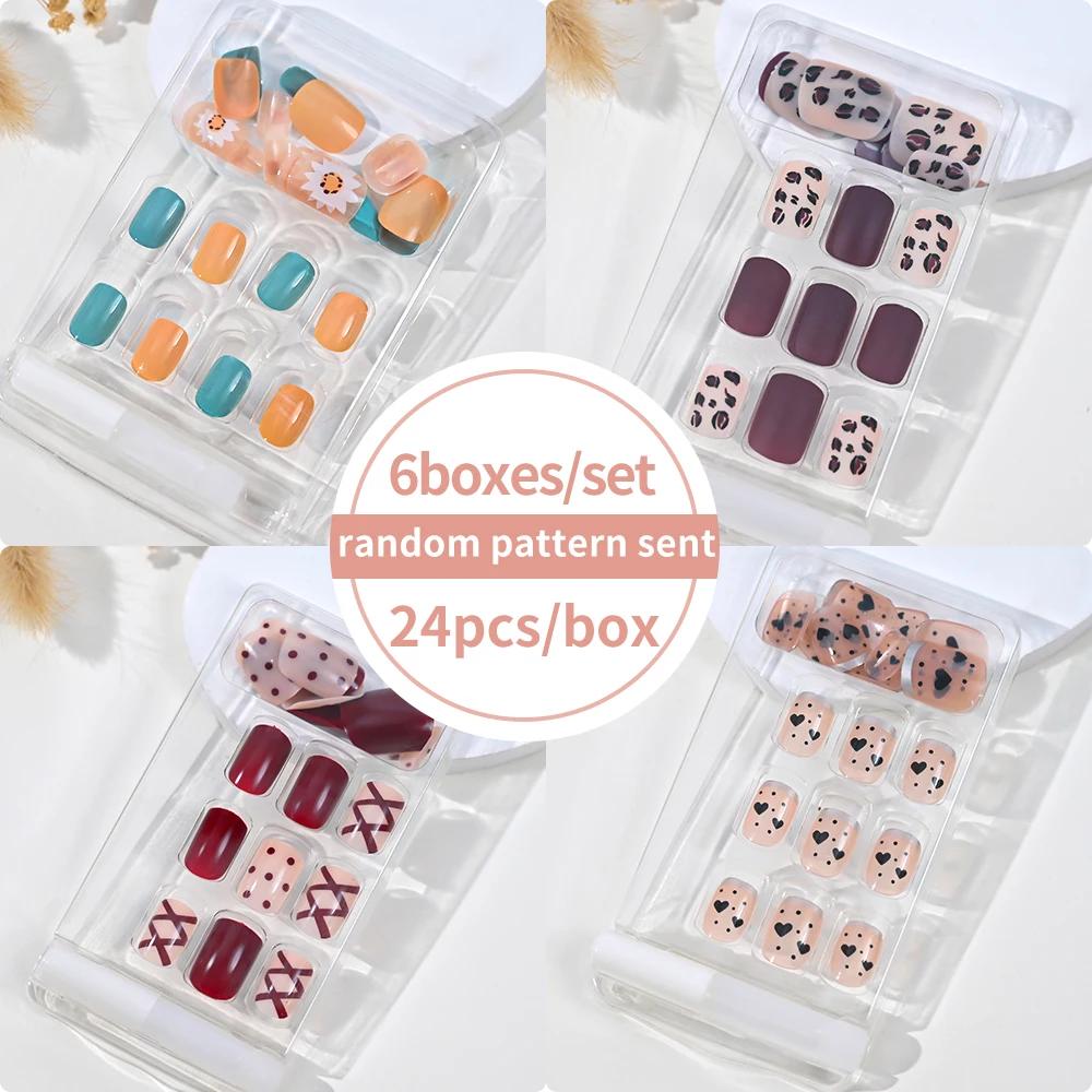 6 boîtes/ensemble court carré faux ongles amour design presse sur ongles Style mixte motif aléatoire