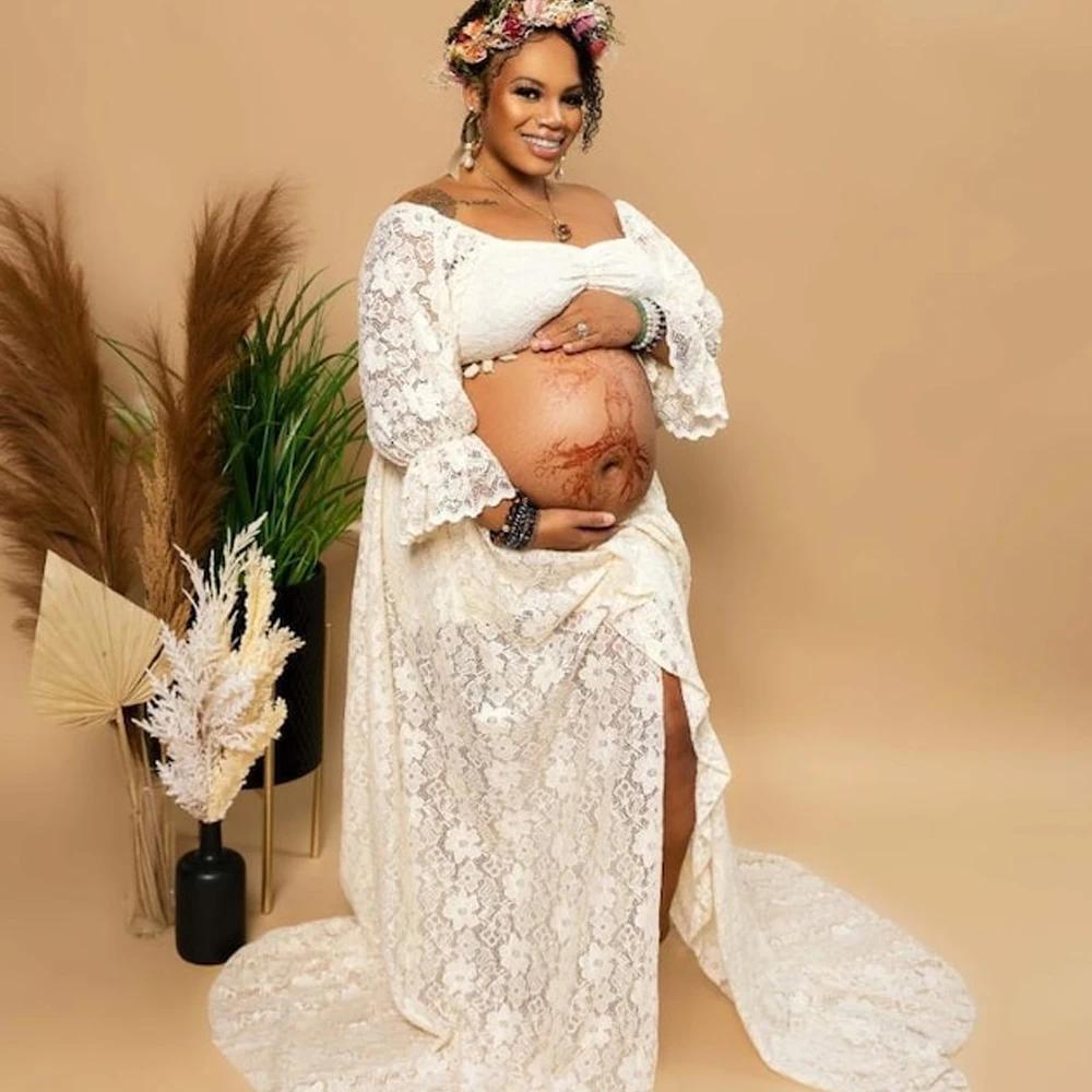 ALTERPhotography-Robe fendue sexy en dentelle creuse pour femme enceinte, ensemble de 2 pièces, robe