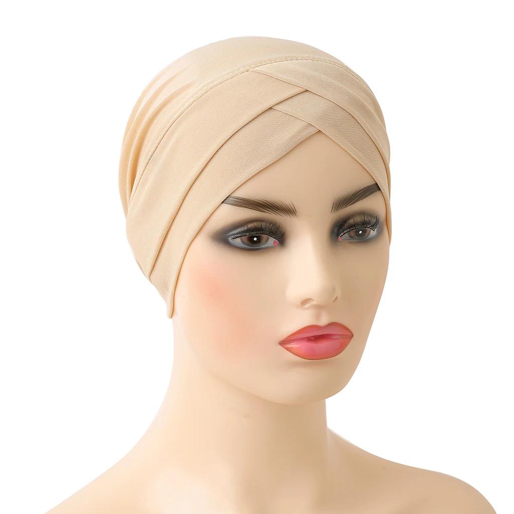 H117 front croisé musulman Turban couleur Pure extensible intérieur Hijabs pour casquettes prêt à po
