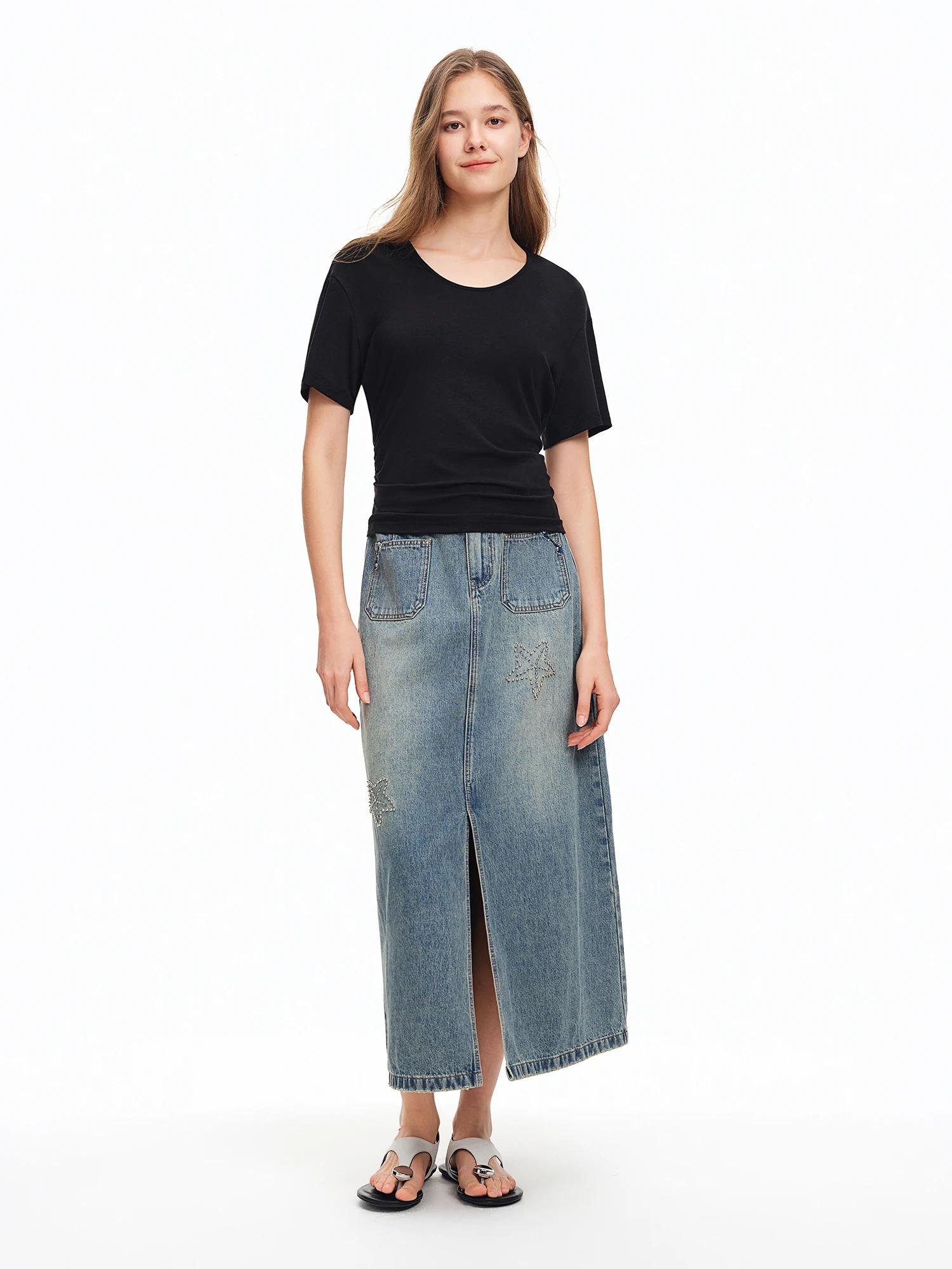 DUSHU 2026 Nouvelle Jupe Midi en Jean Brodé Étoile de Mer pour Femme, Jupe Longue Vintage Coupe Trap