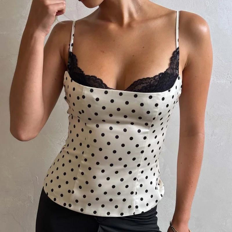 Femmes à pois dentelle garniture Cami haut Sexy dos nu sans manches mince ajusté Camisole haut Vinta