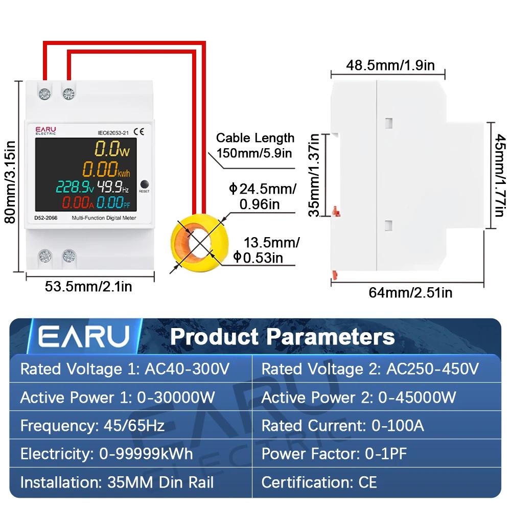 Moniteur AC sur rail DIN 6 en 1 110V 220V 380V 100A Tension Courant Facteur de puissance kWh actif C