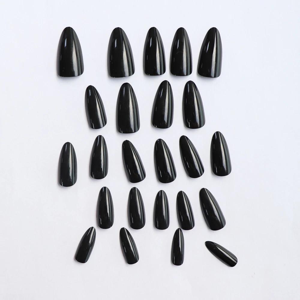 24 faux ongles artificiels en acrylique noir, tête carrée, longs femmes de Ballet, amovibles, pointe