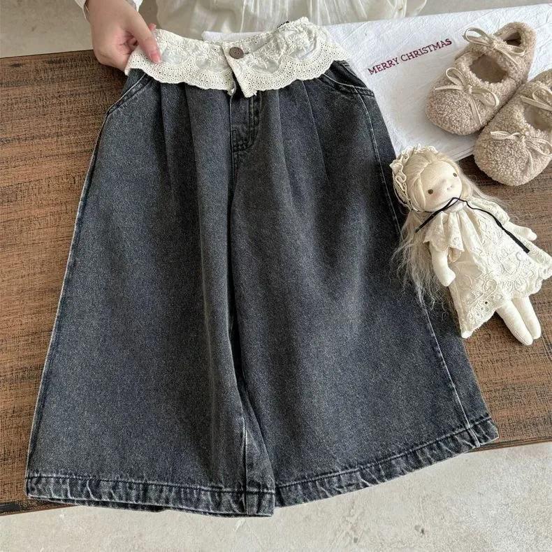 UNITIM Jeans amples en denim pour filles de 2 à 8 ans, avec patchwork en dentelle, pantalon droit dé