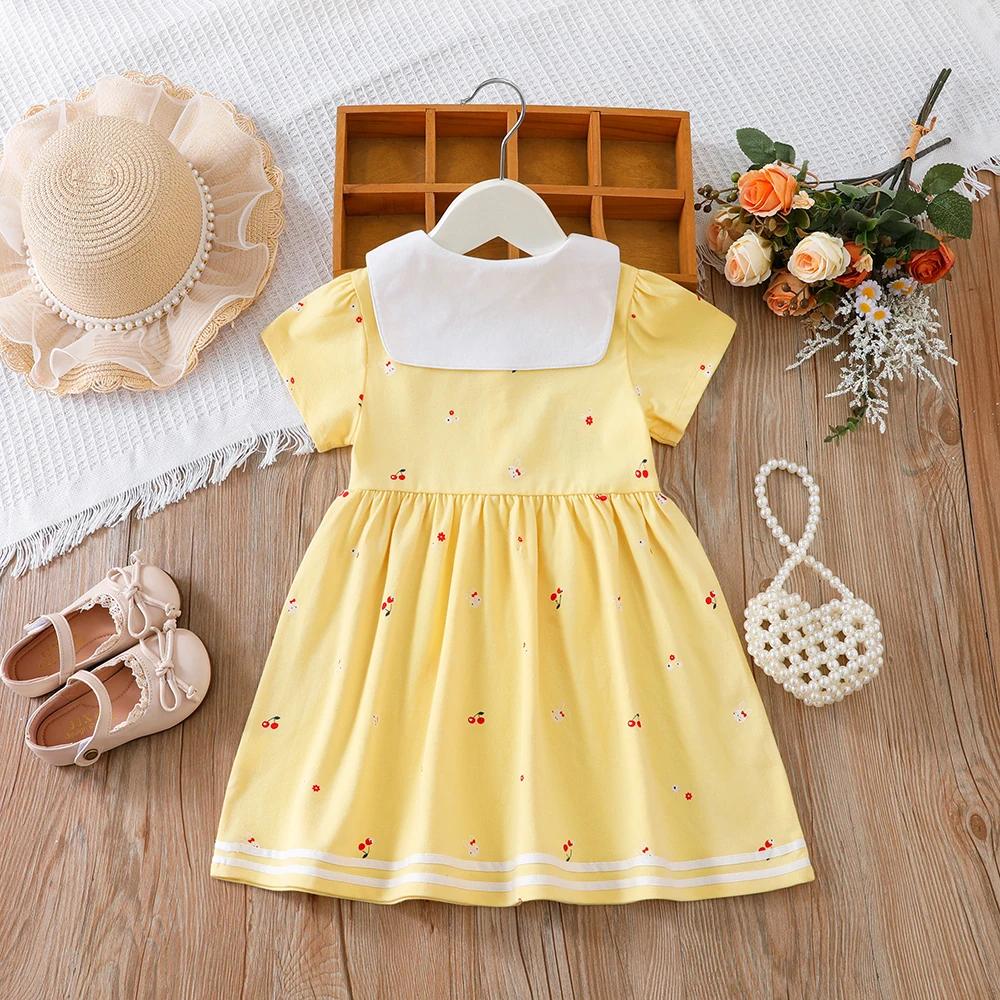 Robe d'été pour bébés filles de 2 à 6 ans, vêtements en coton à manches courtes et col rabattu