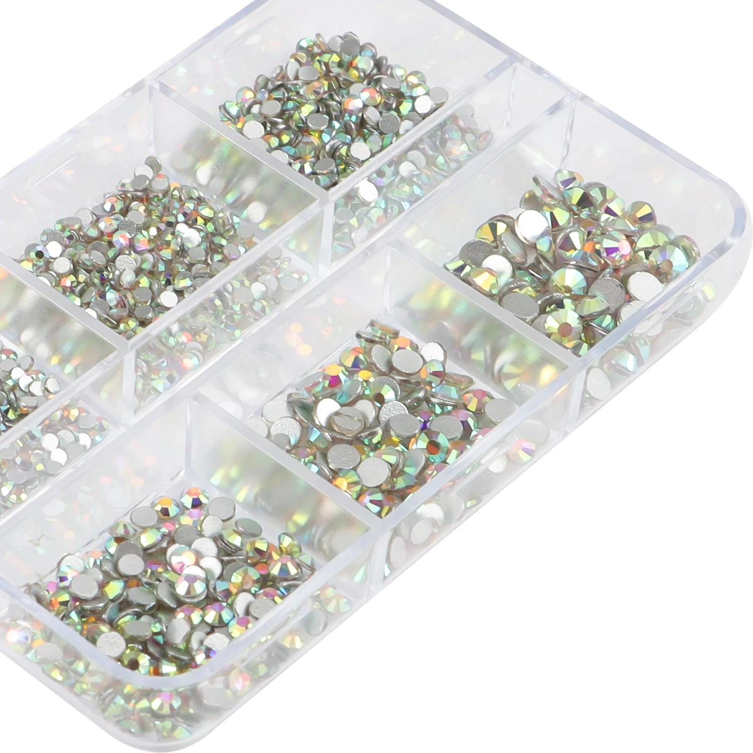 1 boîte de Strass pour ongles en cristal AB multi-tailles, pierres précieuses en diamant clair à fon