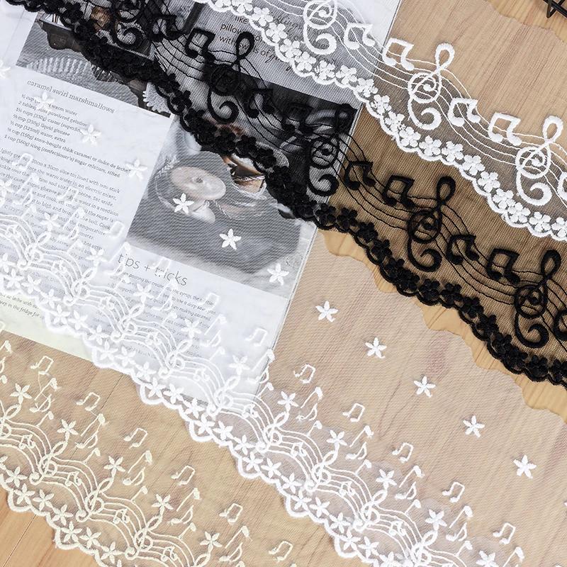 Garniture en dentelle brodée en maille, 1 mètre, Note de musique, ivoire, blanc, noir, pour bricolag