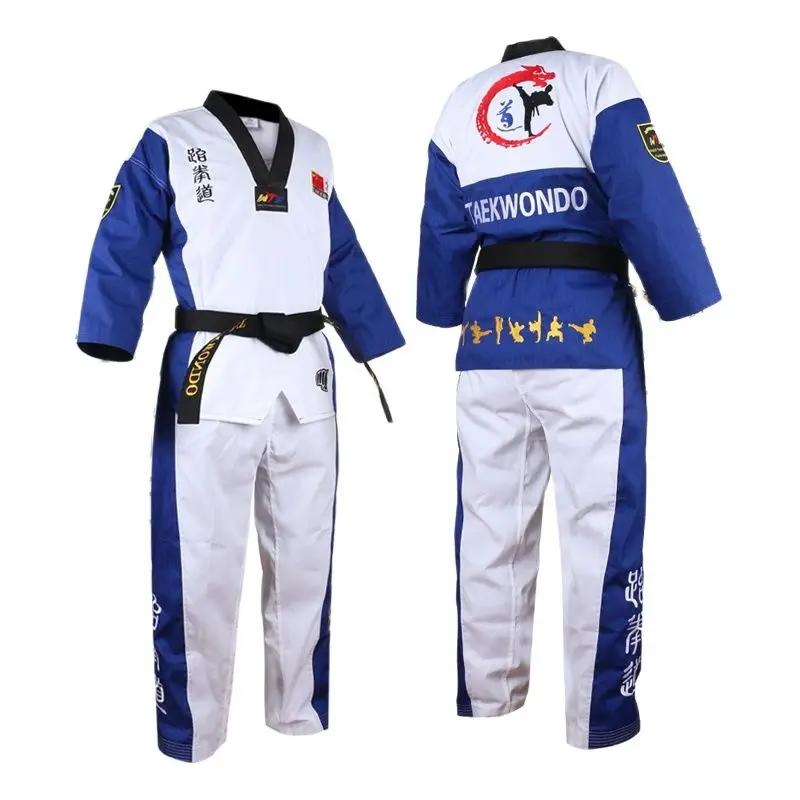 Uniforme de Taekwondo Dobok col V pour adultes et ados - Vêtements TKD noirs rouge et bleu certifiés WTF 3 documents