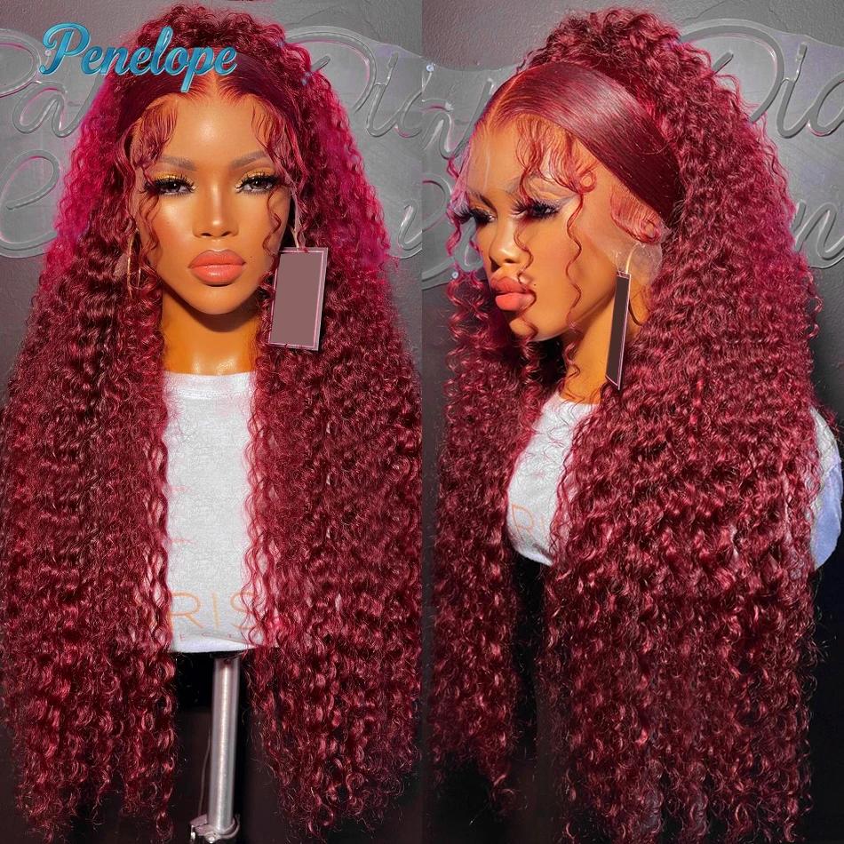 Perruque de cheveux humains bouclés brésiliens Deep Wave, densité 220, couleur bordeaux 99J, avec de
