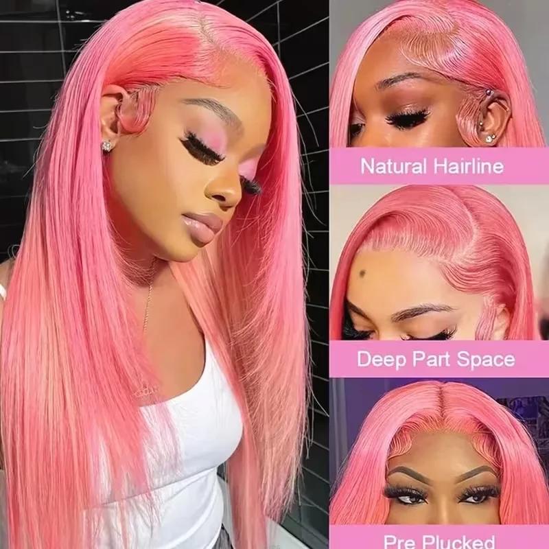 Perruques de cheveux humains droites roses 13X4 13X6 Hd perruques frontales en dentelle 32 36 pouces