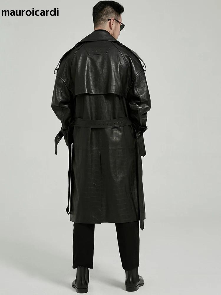 Mauroicardi printemps automne longue noir Crocodile imprimé Pu cuir Trench manteau hommes ceinture D