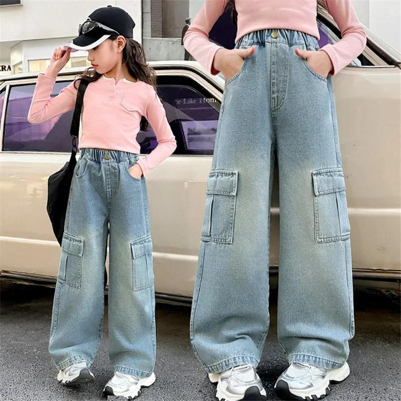 Jeans cargo pour filles, pantalons en denim à jambes larges pour enfants, vêtements de rue tendance 