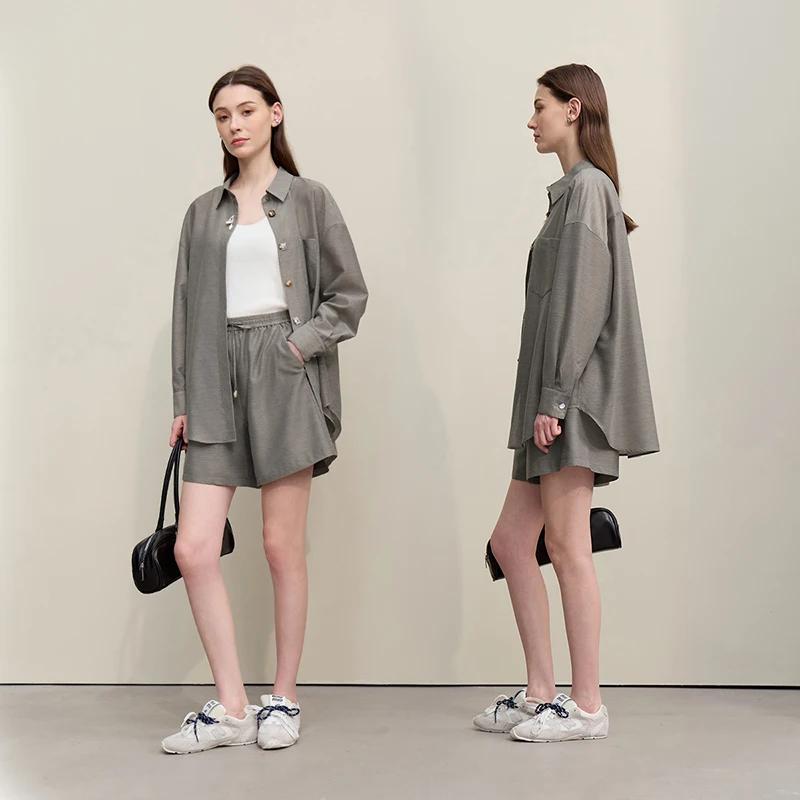 Chemisier Amii pour femme, nouvelle collection été 2026, col à revers, épaules tombantes, manches lo