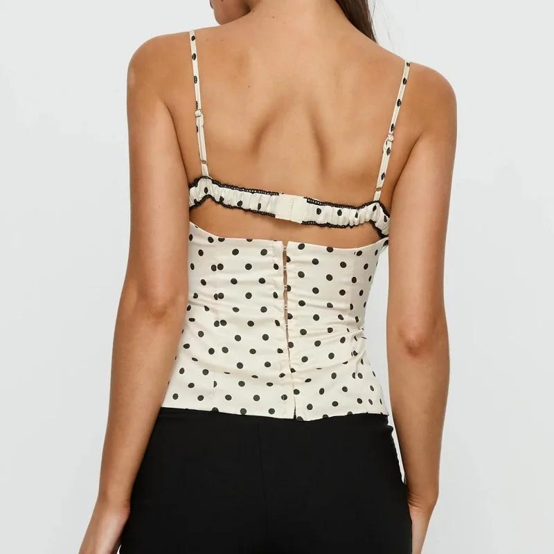 Femmes à pois dentelle garniture Cami haut Sexy dos nu sans manches mince ajusté Camisole haut Vinta