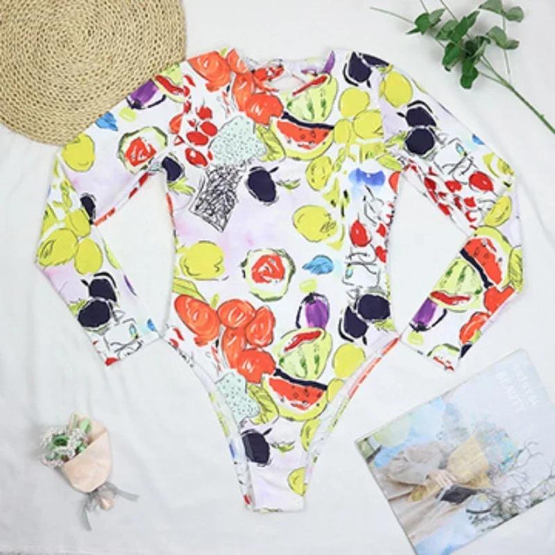 Maillot de bain une pièce sexy 2026 pour femme, manches longues, dos nu, imprimé légumes et fruits,