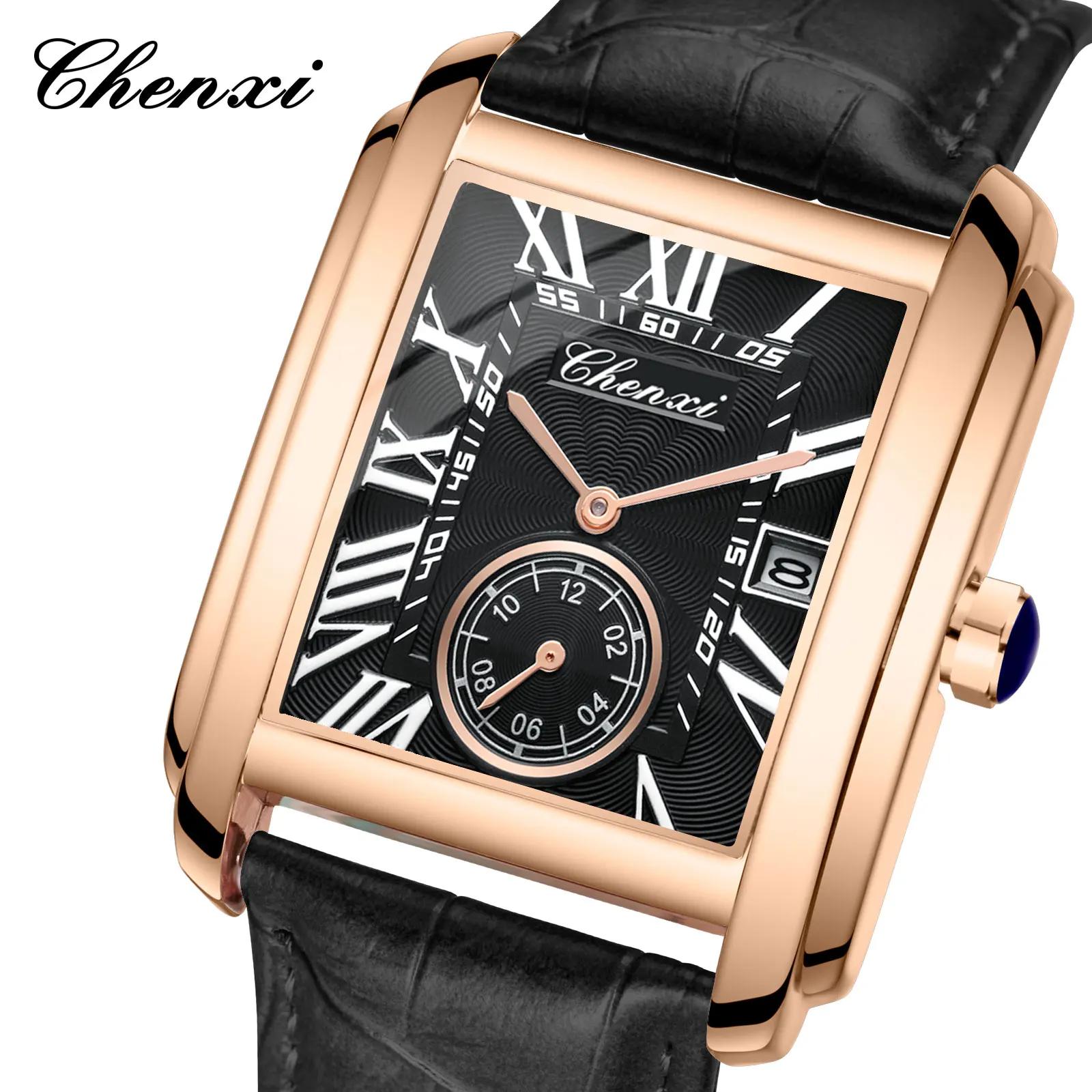 Chenxi-Montre de dehors Rectangulaire en Cuir group pour Homme, Horloge Élégante à Quartz, Étanche, 