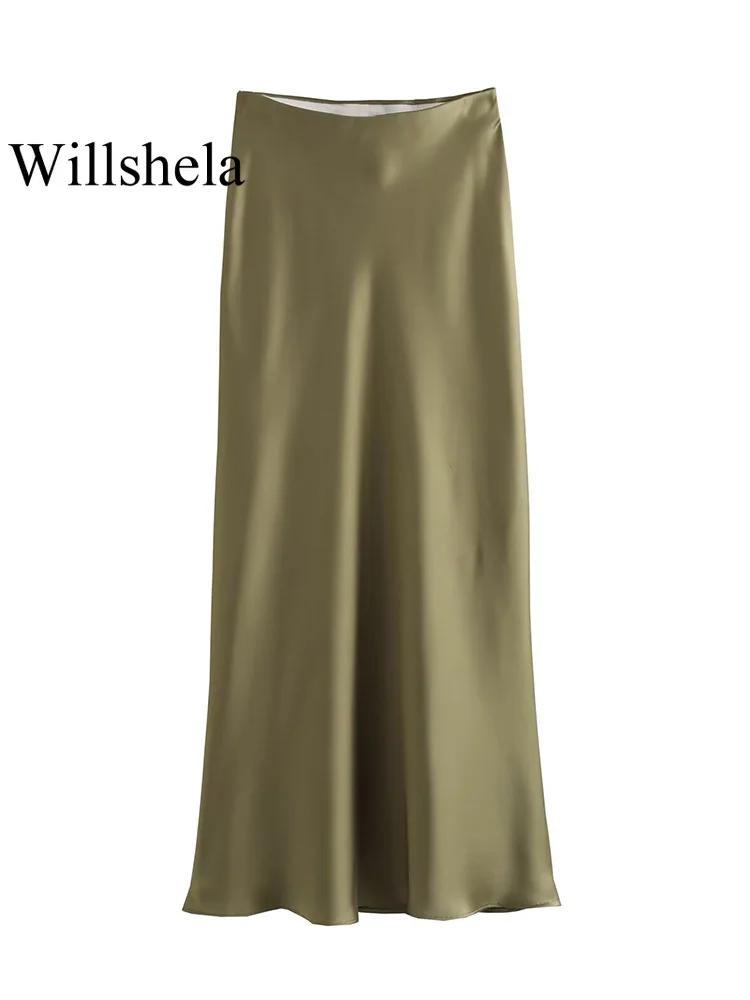 Willshela 2024 jupe en Satin noir femme taille haute jupes longues élégantes pour les femmes mode ét