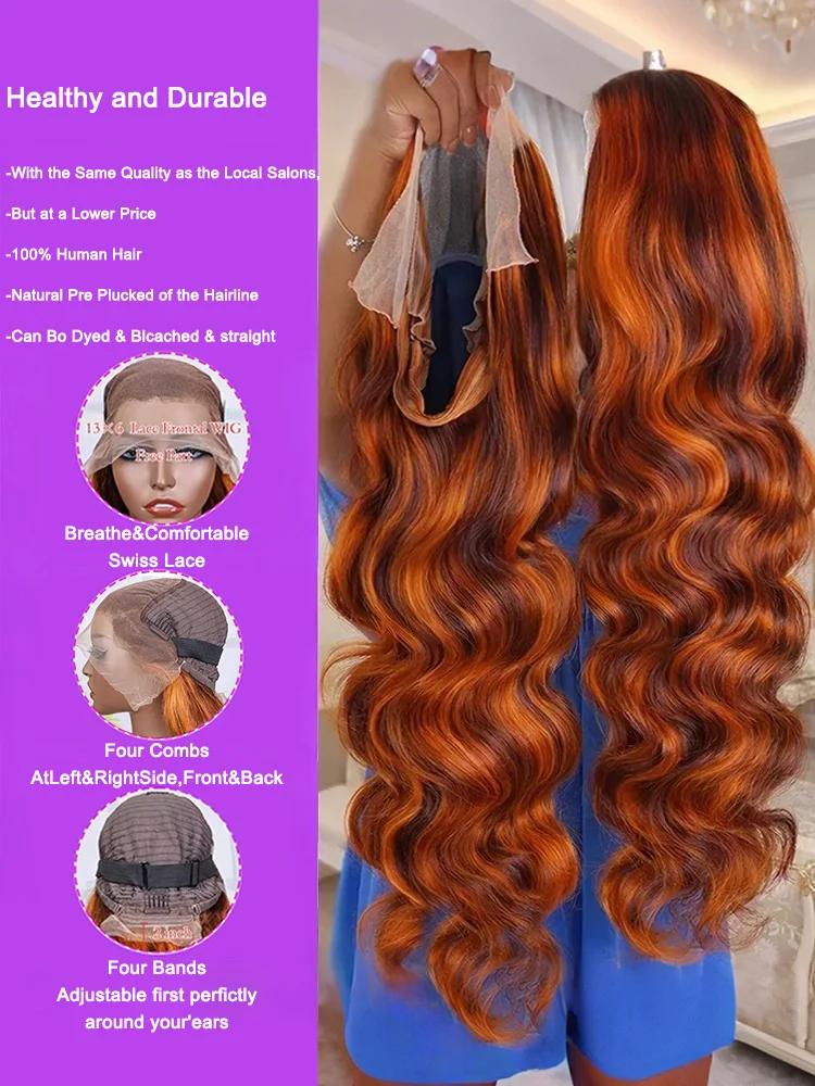 Perruques Body Wave Ombrées 4/350 avec Mèches, Perruque Lace Frontale 13x6 en Cheveux Humains, Coule