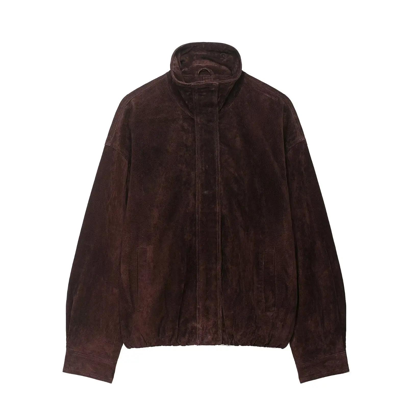 2025 hiver Vintage marron daim vestes amples femmes décontracté col montant poche épais manteau auto