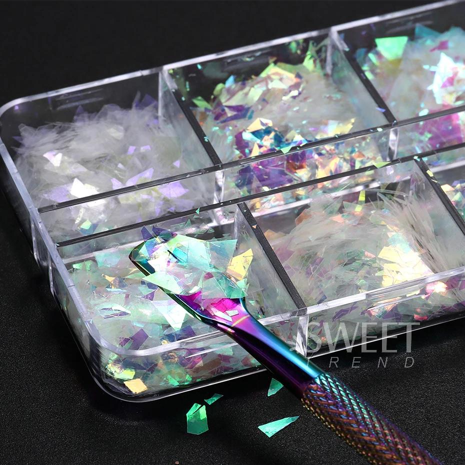 6 grilles AB irisé ongles paillettes flocons irrégulier aurore étincelle paillettes cristal verre fé