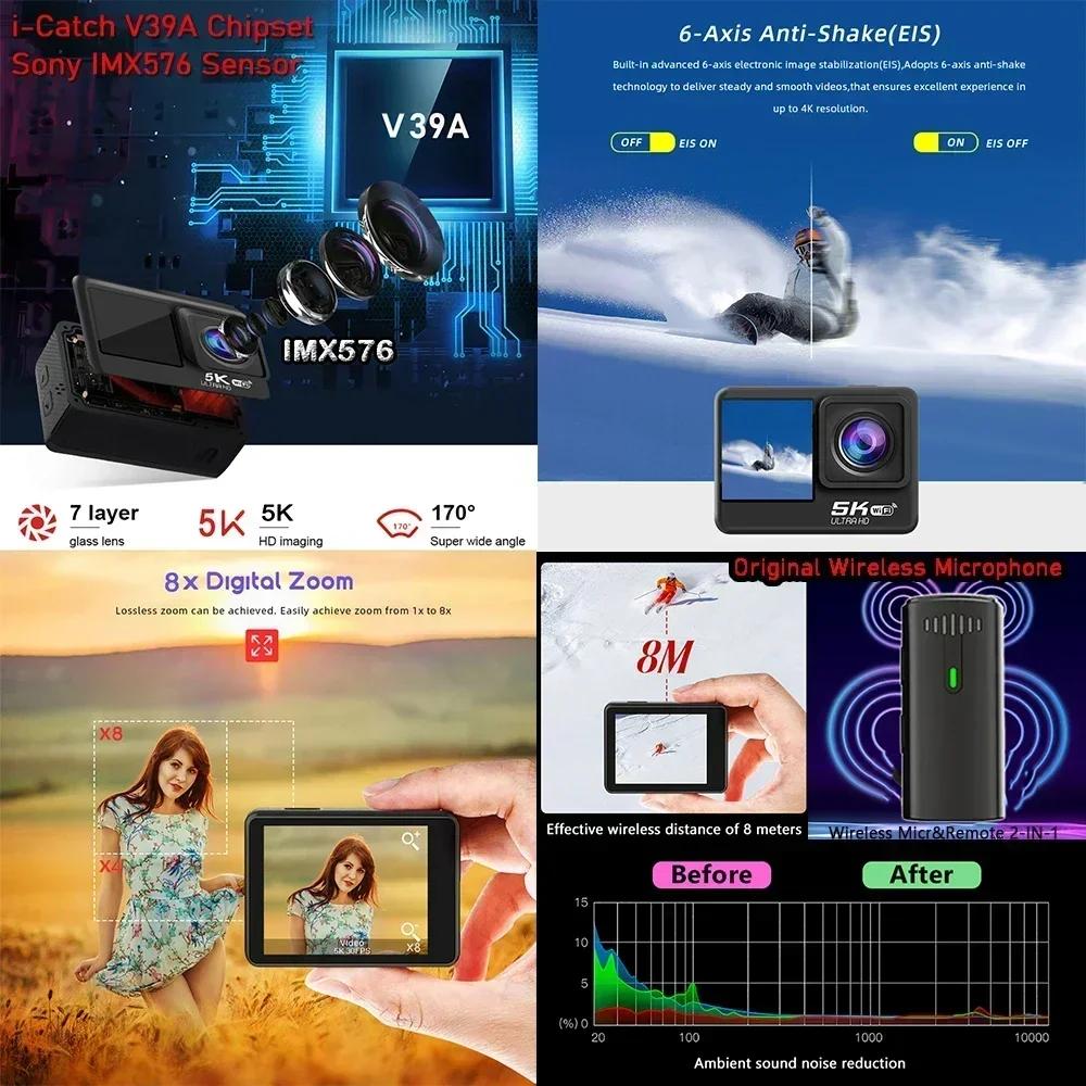 Caméra d'action 5K 4K60FPS EIS 48MP Wi-Fi double écran 170D 8X Zoom pré-enregistrement 30M caméra de