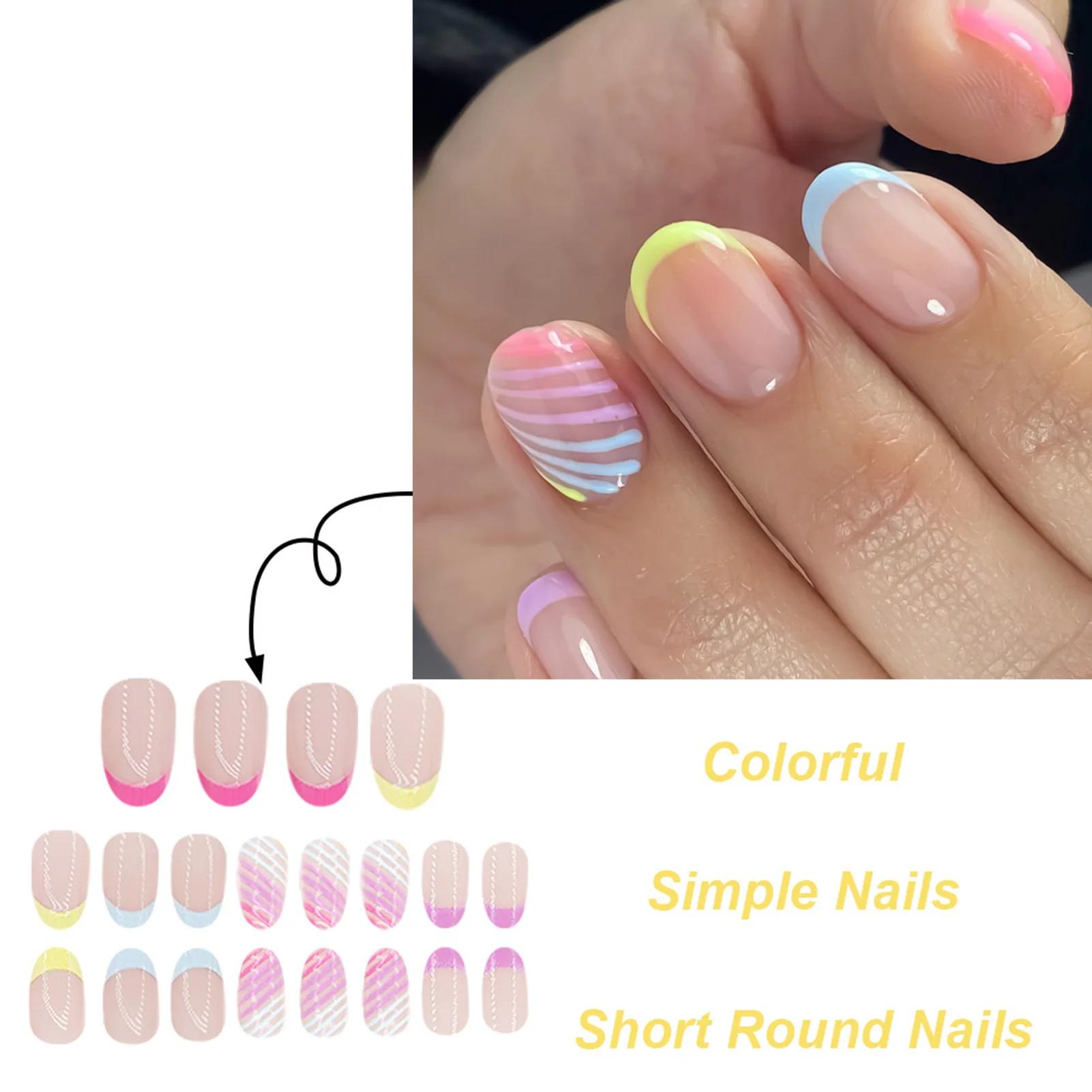 Faux ongles français colorés, 24 pièces, Design à rayures diagonales, courts et ronds, élégants, à p