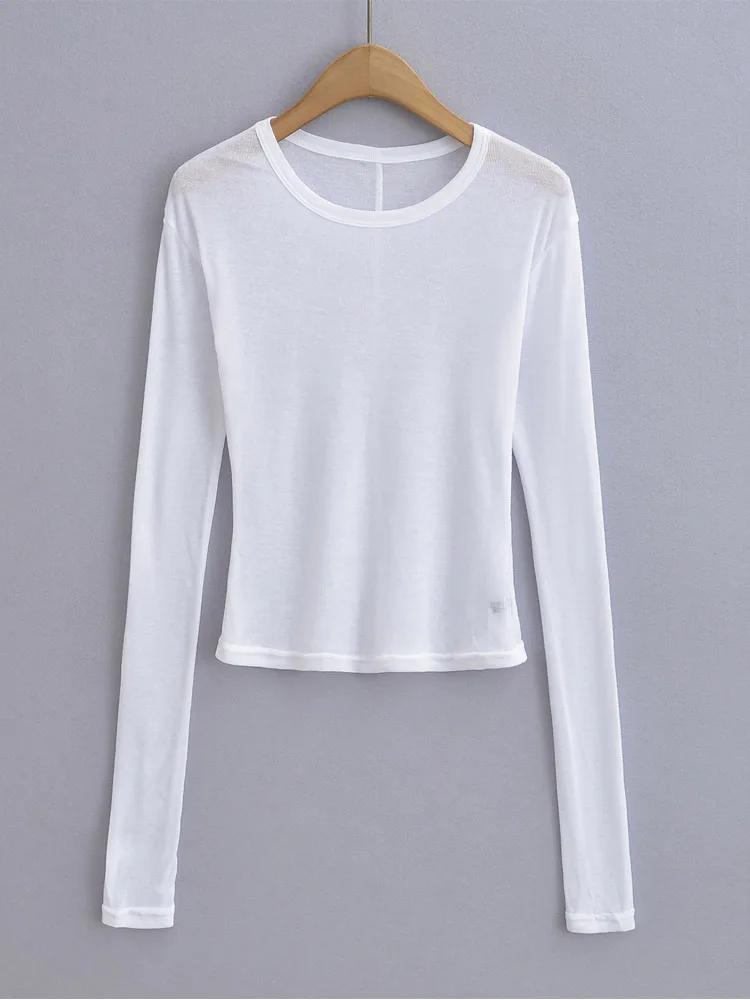 T-shirt semi-transparent à manches longues et col rond pour femme, coupe slim, printemps et été