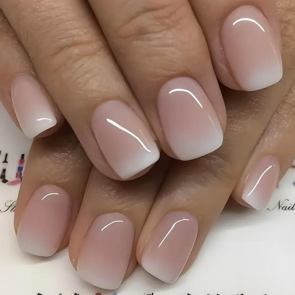 Faux ongles à tête carrée Simple, avec colle gelée, dégradé rose et blanc, presse française sur faux