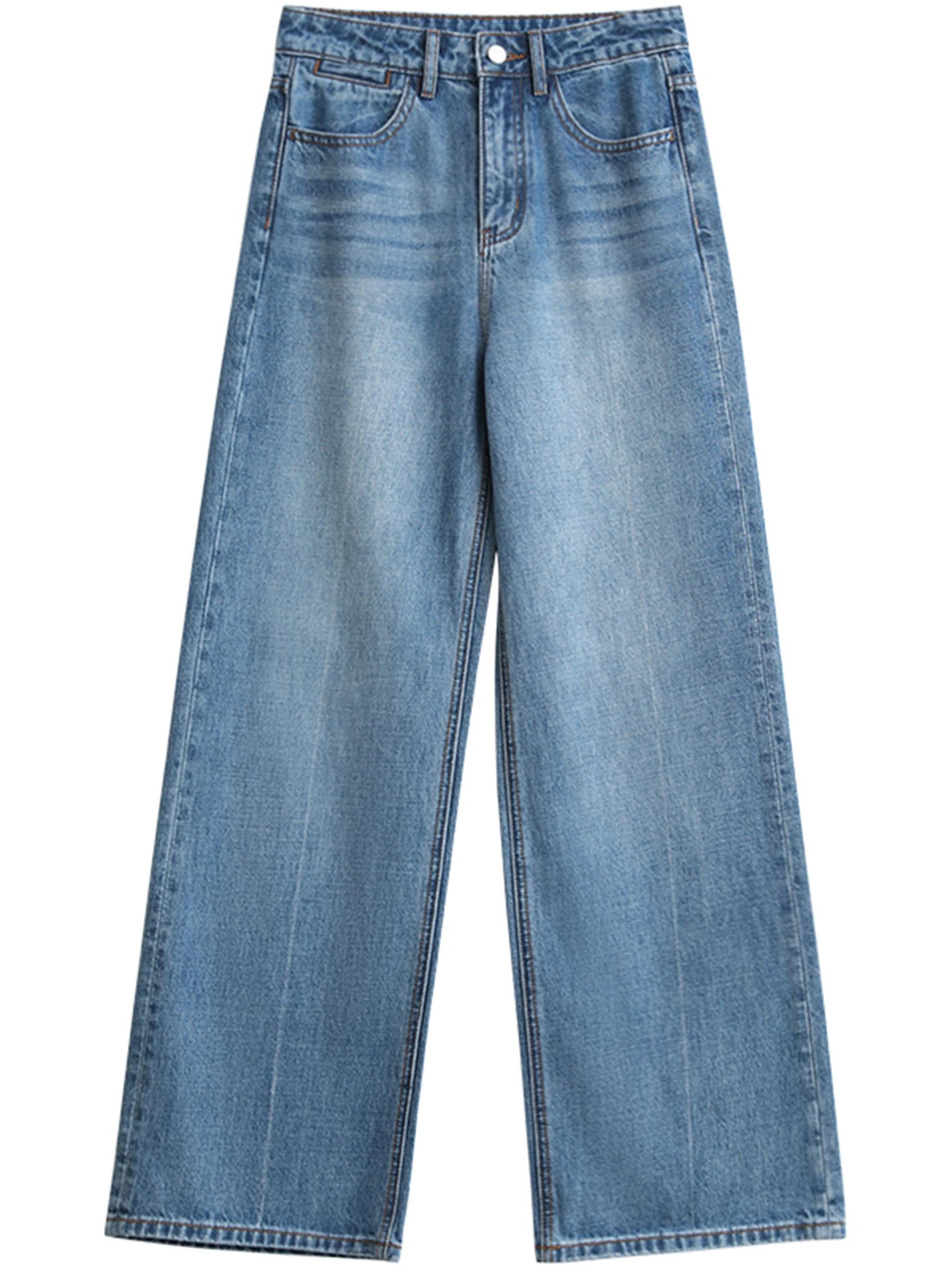 CHIC VEN femmes jean bleu ample décontracté solide nouveau rétro coton jambe large Denim pantalon fe