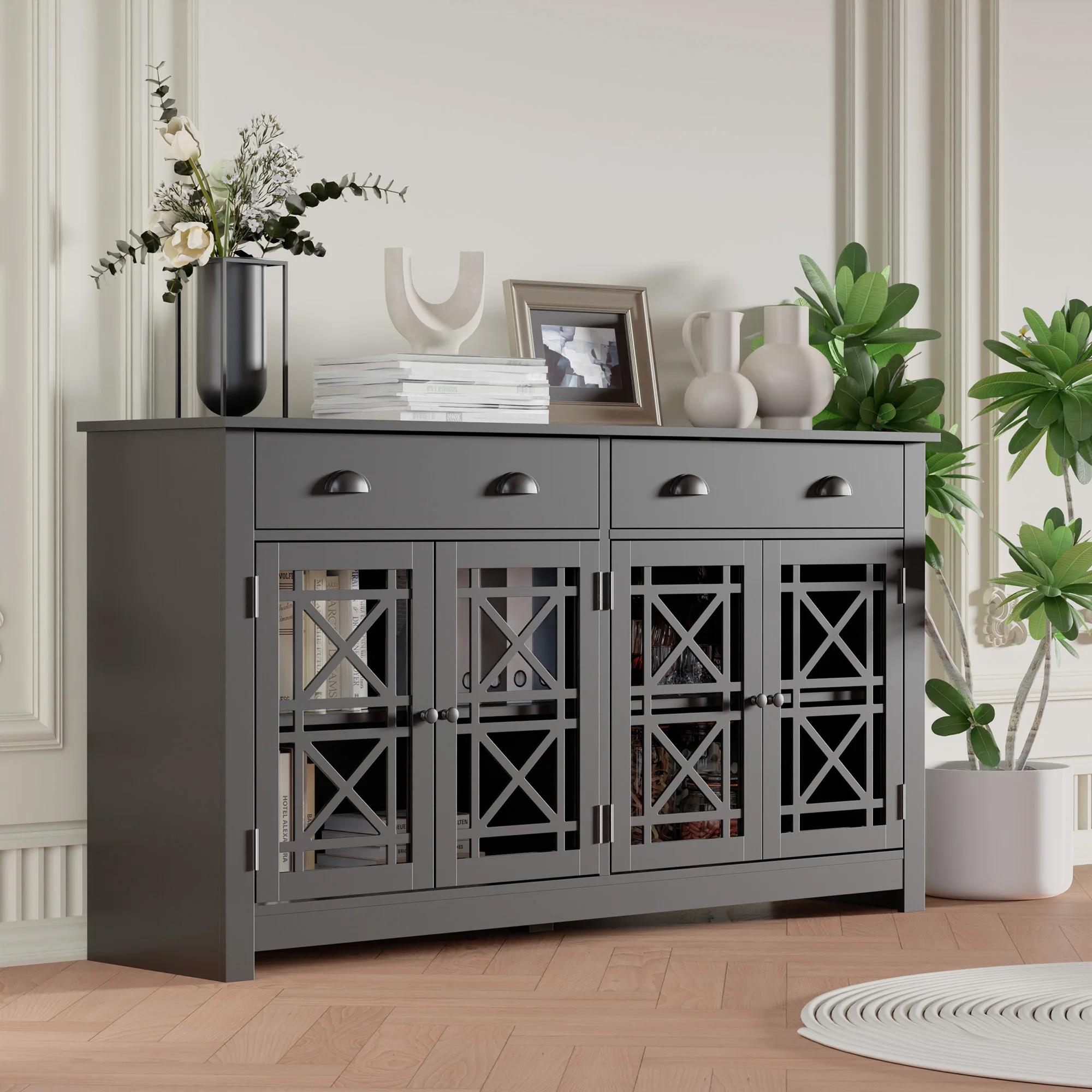 Buffet en bois avec 4 portes en verre acrylique, armoire de bar autoportante, armoire de planche mod