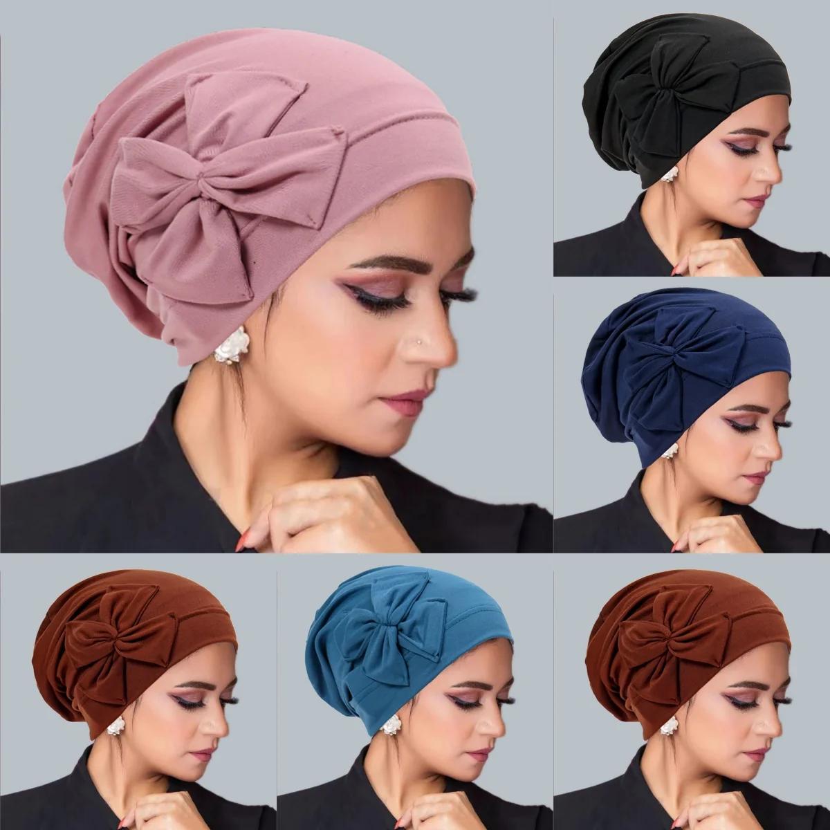 Nouveau femmes musulmanes intérieur Hijab chapeau nœud papillon Turban indien Bonnet foulard bonnets
