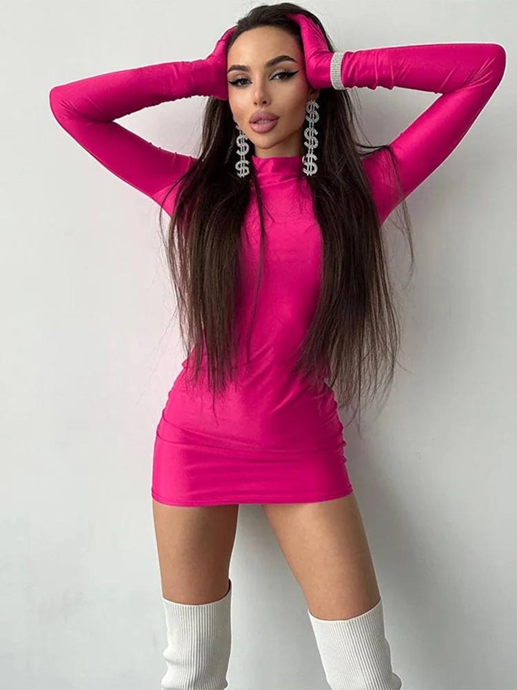 Mini robe moulante à manches longues avec gants, couleur unie, Sexy, Streetwear, tenue de fête, demi