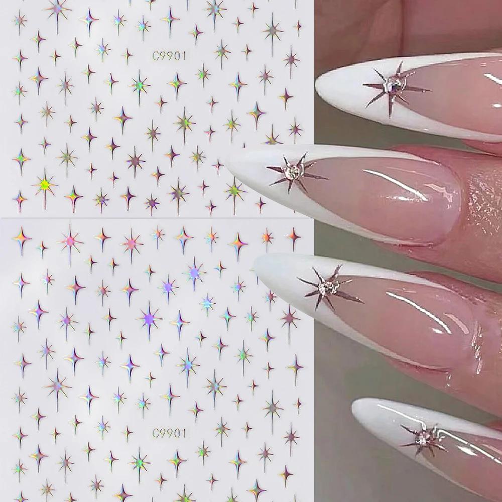 Autocollants pour ongles étoiles Laser 3D, 6 couleurs, miroir métallique doré argenté, décalcomanies