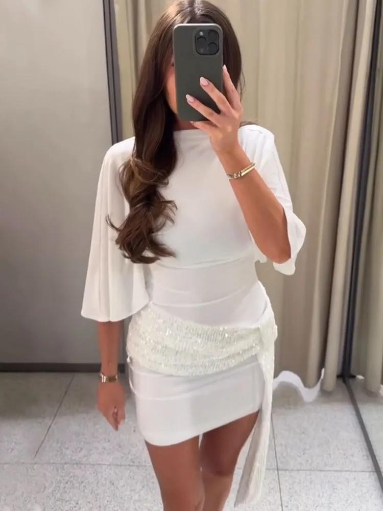 Robe Courte de Soirée HH pour Femme 2026 – Élégante, Blanche, à Manches Courtes, Dos Nu, Décoration 