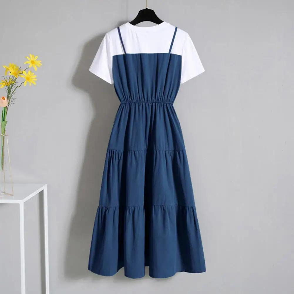 Fausse robe deux pièces à bretelles pour femmes, manches courtes, robe serrée à la taille, mode, été