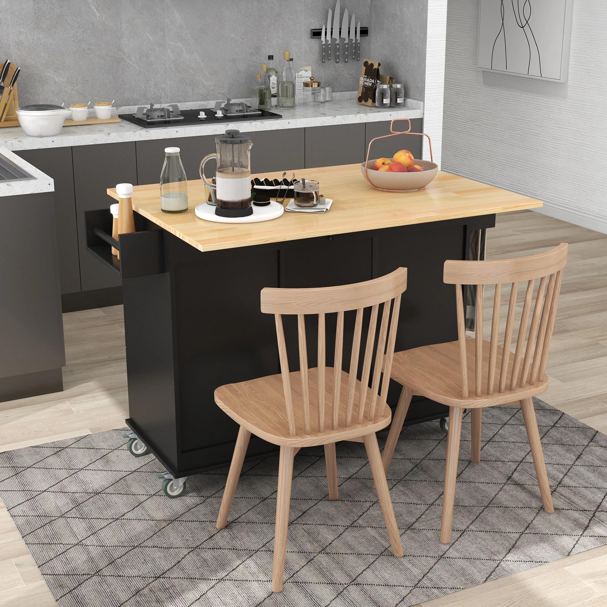 Îlot de cuisine mobile roulant avec plateau en bois massif et roues de verrouillage, armoire de rang