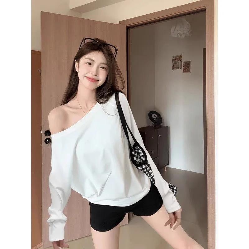 Chemise asymétrique épaule dénudée en coton, manches longues, épaules inclinées, Style de vêtements 