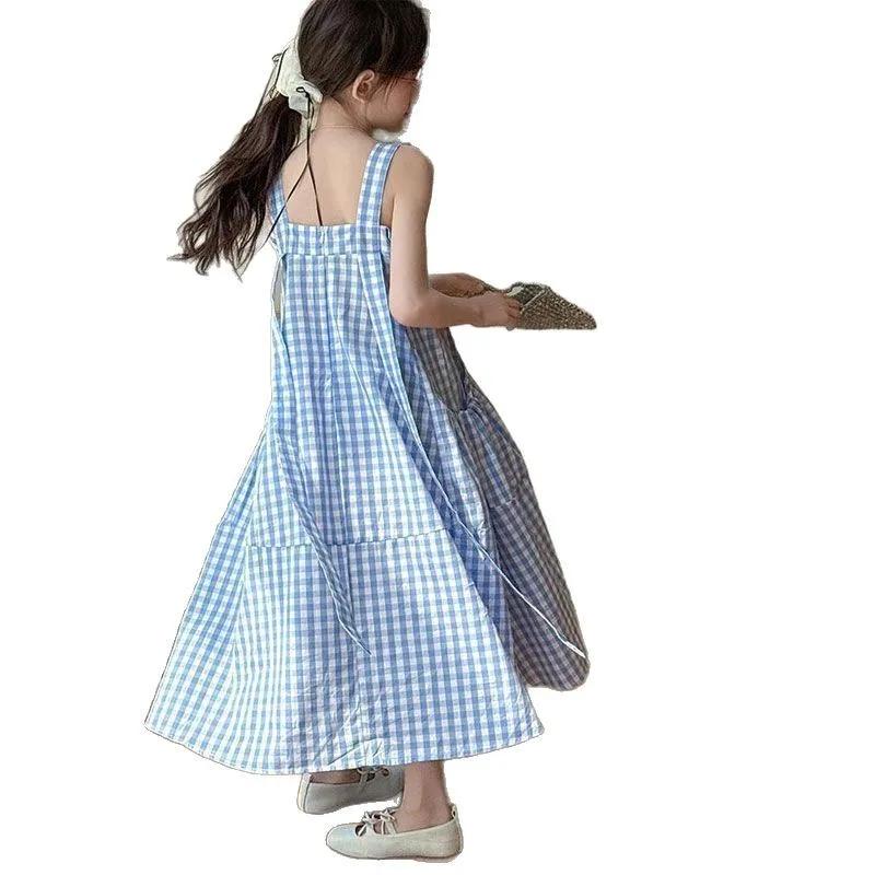 UNITIM – robe d'été sans manches pour filles, en coton, à carreaux bleus, pour enfants de 4 à 14 ans
