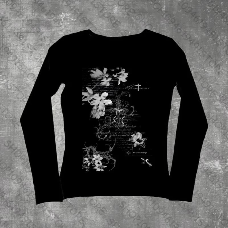 T-shirts à manches longues pour femmes, Slim et Sexy, graphiques de fleurs Harajuku, Style Y2k, Vint